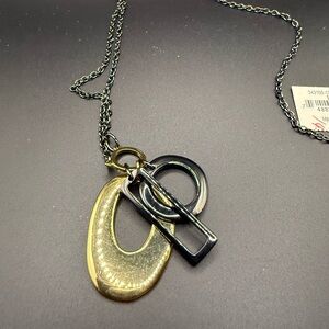 NWT Tahari Gold Tone, Black and Gunmetal Pendant Long Necklace Chic Minimalist